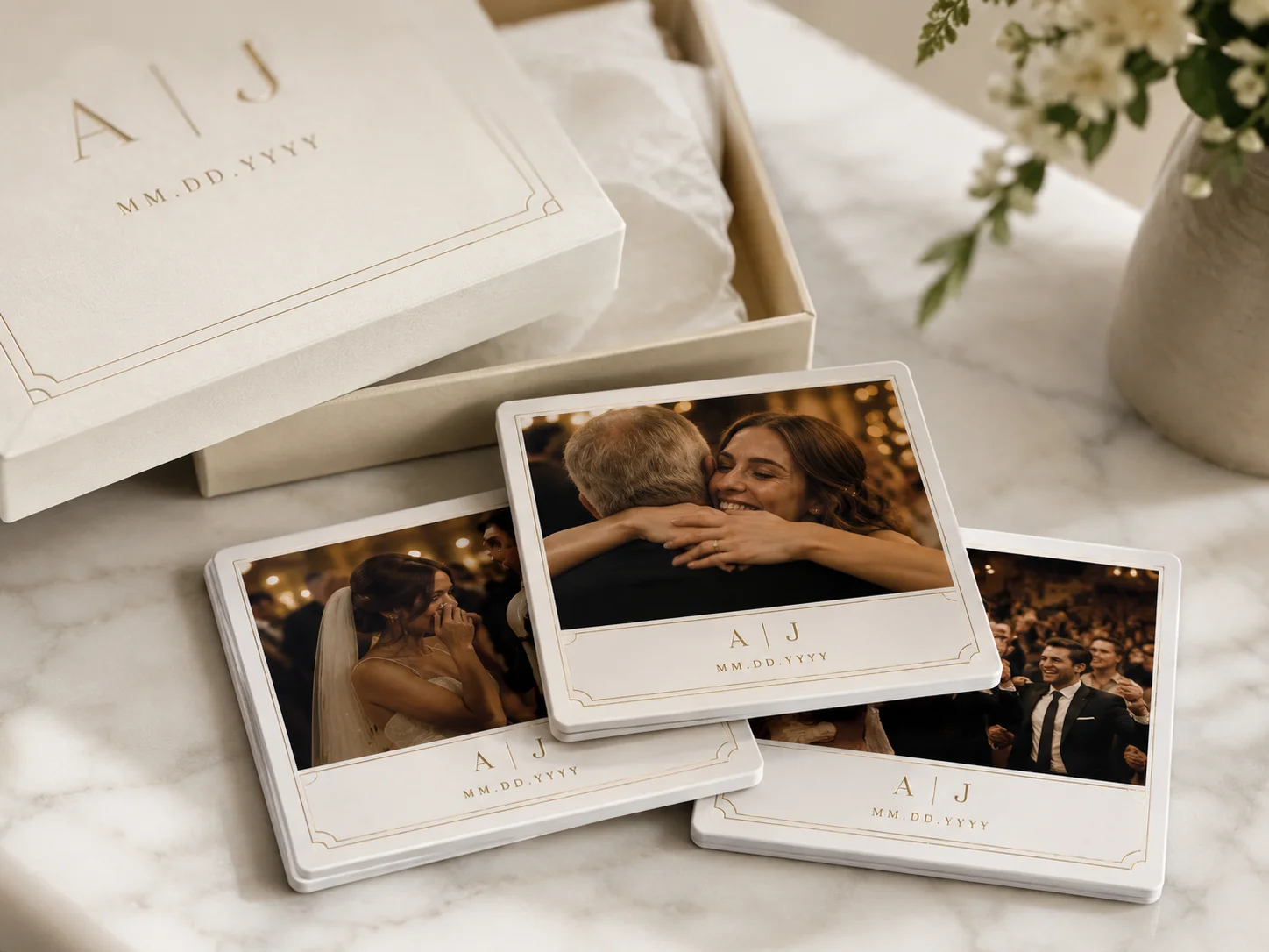 Couple discovering their printed wedding photo magnets from the Forever package